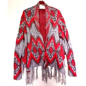 Altar'd State Wrap Sweater Jacket Navajo Southwest Gray Coral Knit Fringed  Sz L
